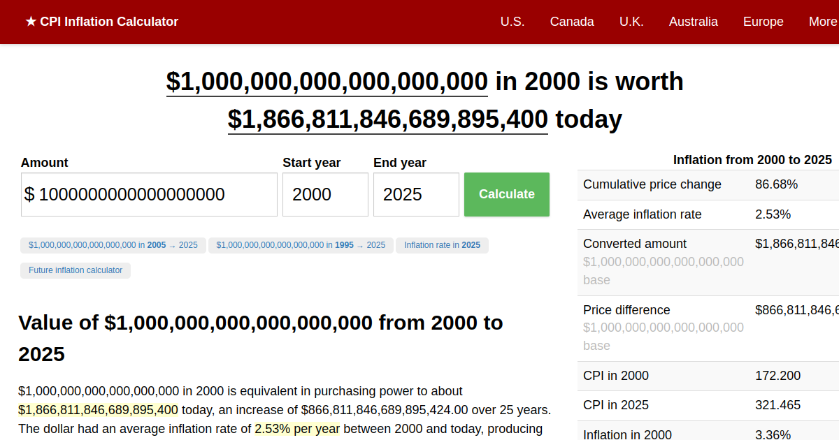 1,000,000,000,000,000,000 in 2000 → 2024 Inflation Calculator