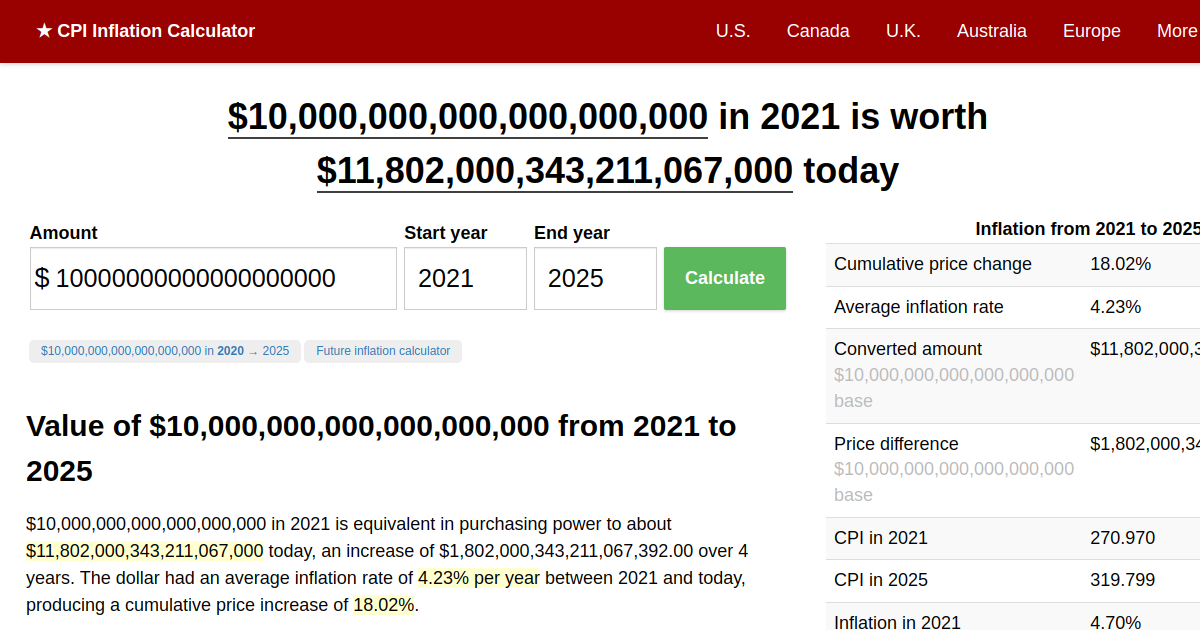 10,000,000,000,000,000,000 in 2021 → 2024 Inflation Calculator