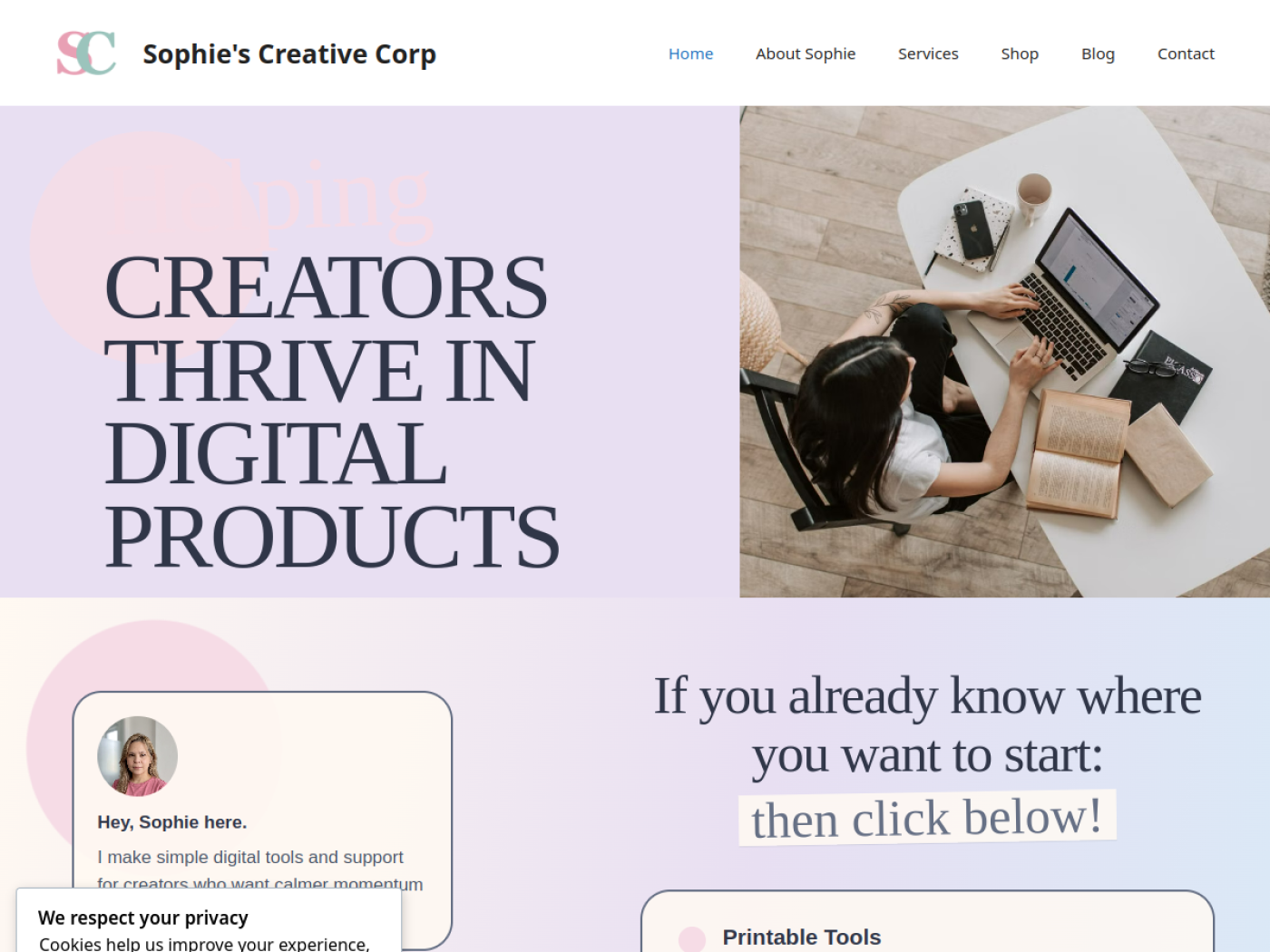 Sophie's Creative Corp homepage screenshot
