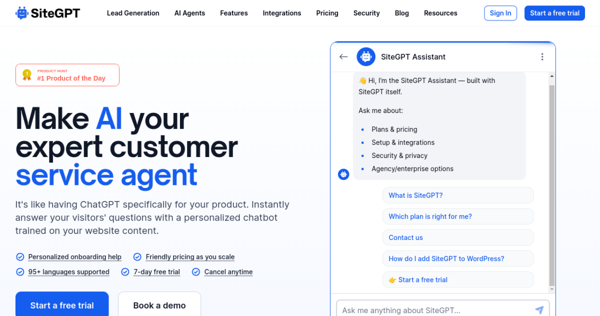 SiteGPT homepage screenshot