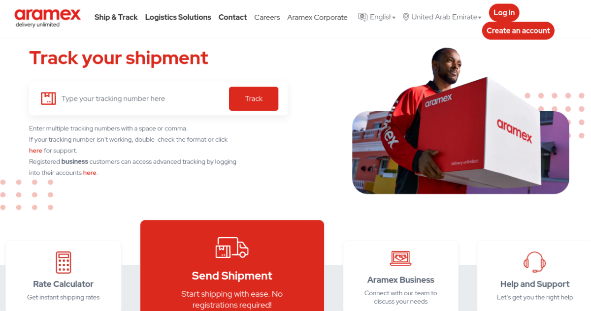 Aramex homepage screenshot