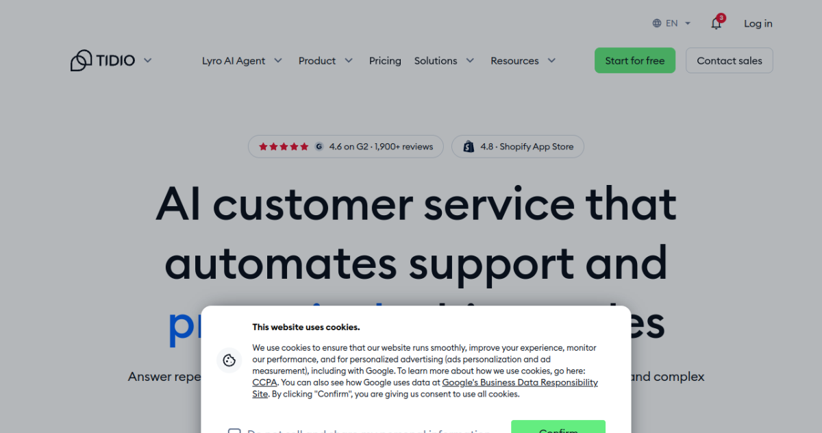 Tidio homepage screenshot