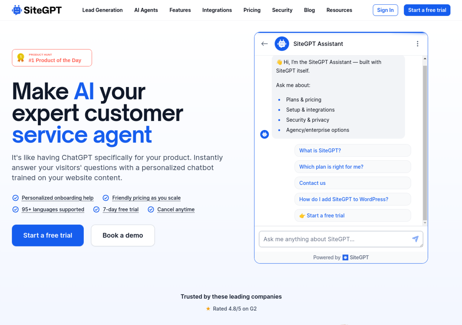 SiteGPT homepage screenshot