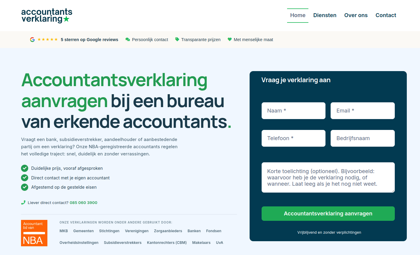Accountantsverklaring — Website Development Case Study live website screenshot