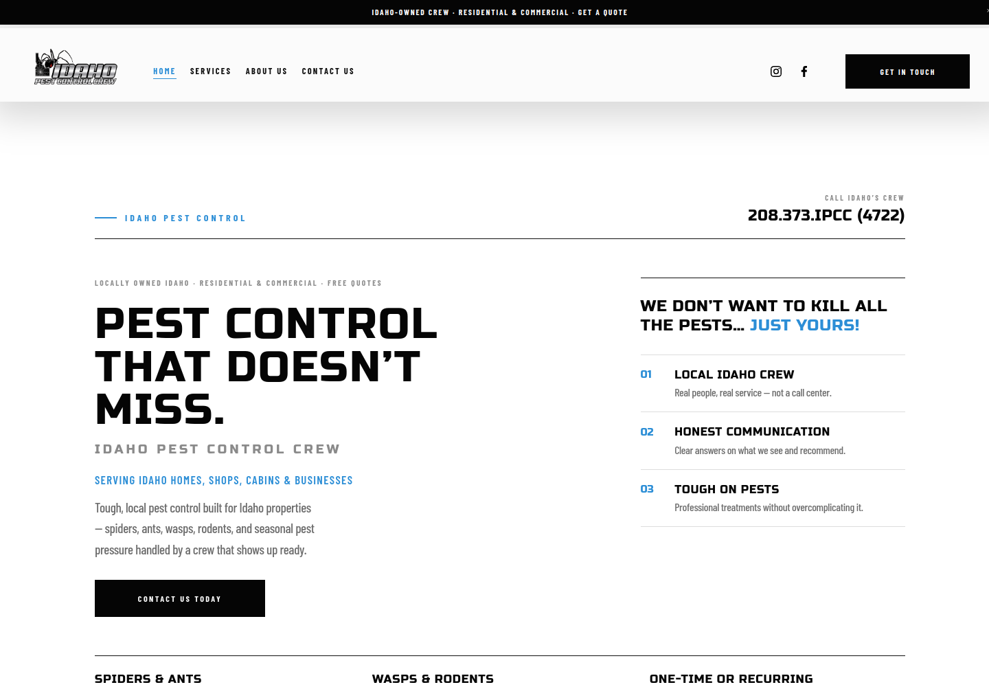 Idaho Pest Control Crew homepage on desktop