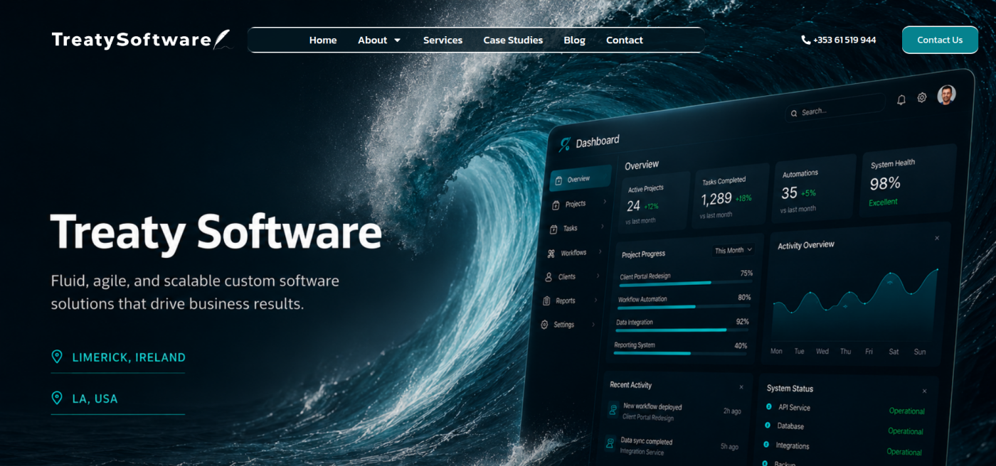 The redesigned Treaty Software homepage shown at a full desktop viewport