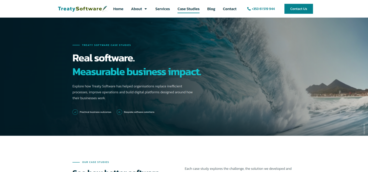 The Treaty Software case studies page shown at a full desktop viewport