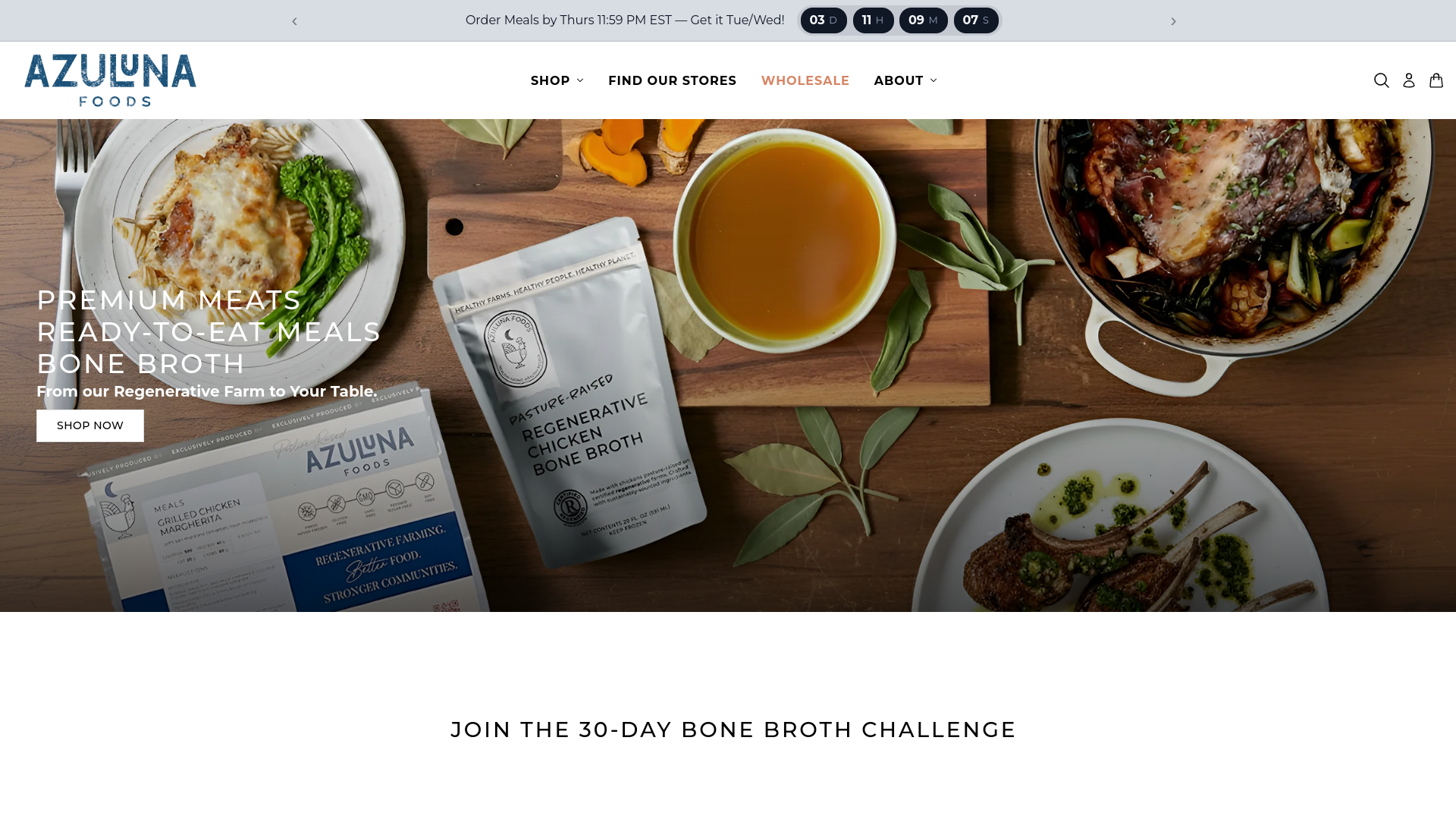 Azuluna Foods above-the-fold homepage screenshot