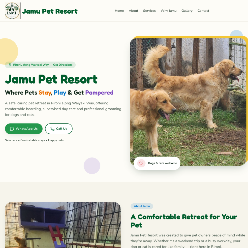 Screenshot of the Jamu Pet Resort website
