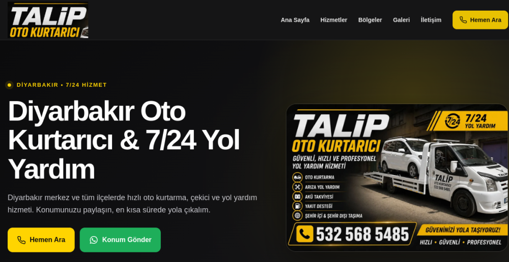 Talip Oto Kurtarıcı web sitesi ön izlemesi