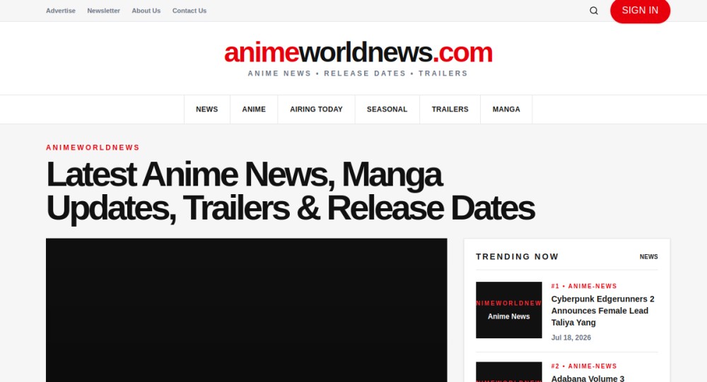 Anime World News website homepage preview