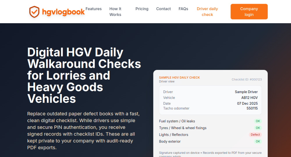 HGV Log Book website screenshot