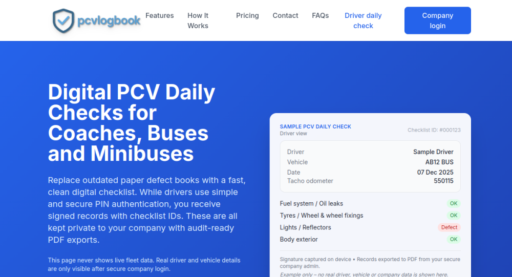 PCV Log Book website screenshot
