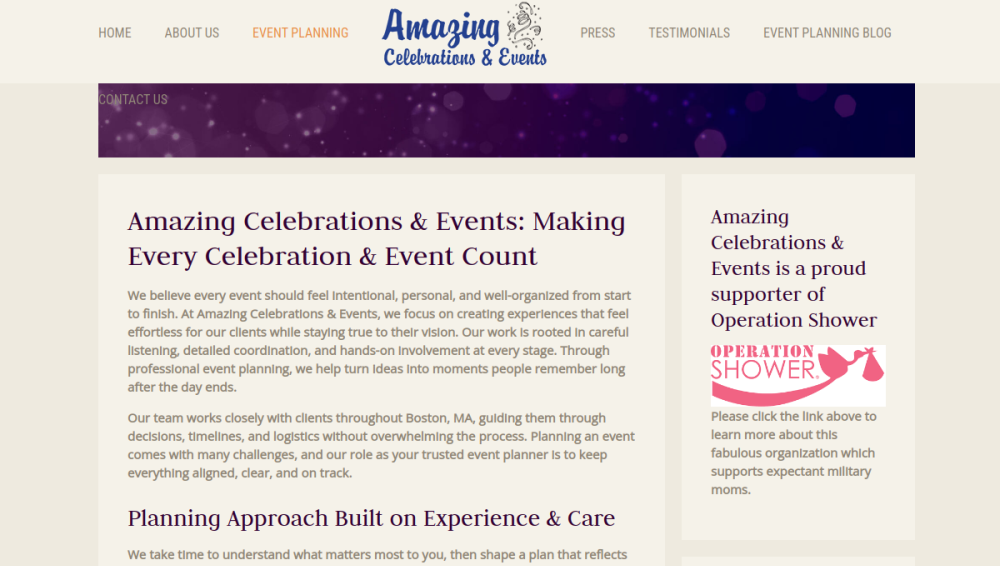 Website screenshot of Amazing Celebrations & Events