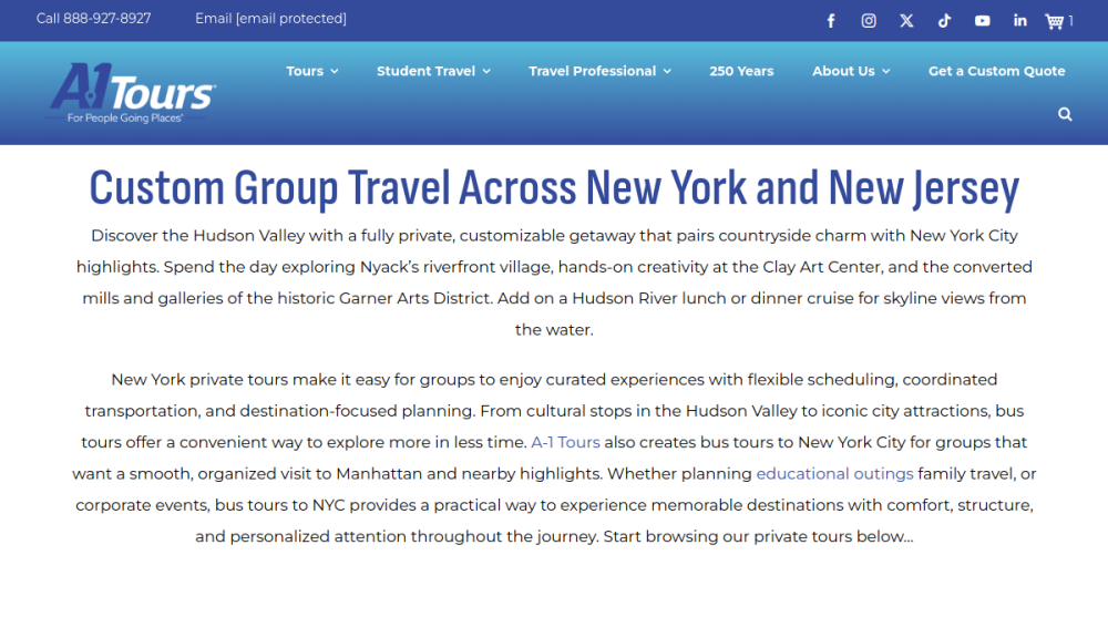 Website screenshot of A-1 Tours