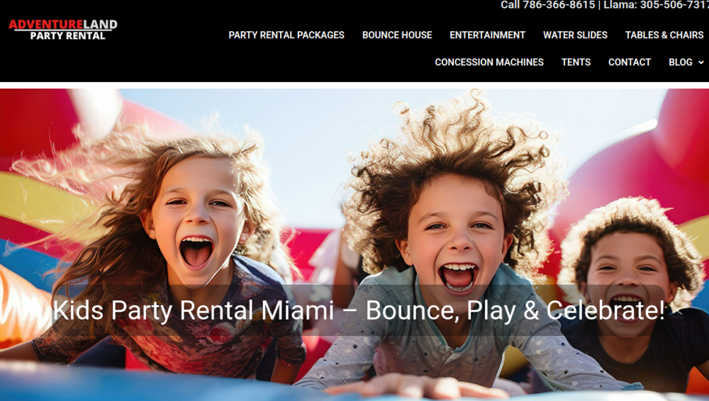 Website screenshot of Adventure Land Party Rental