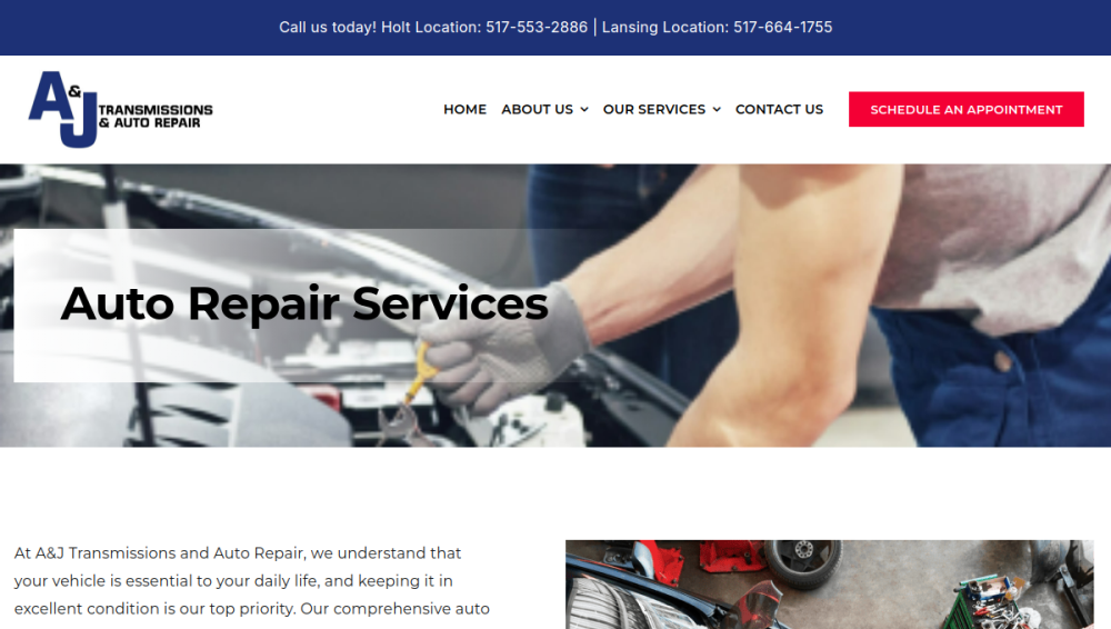 Website screenshot of A & J Transmission Inc