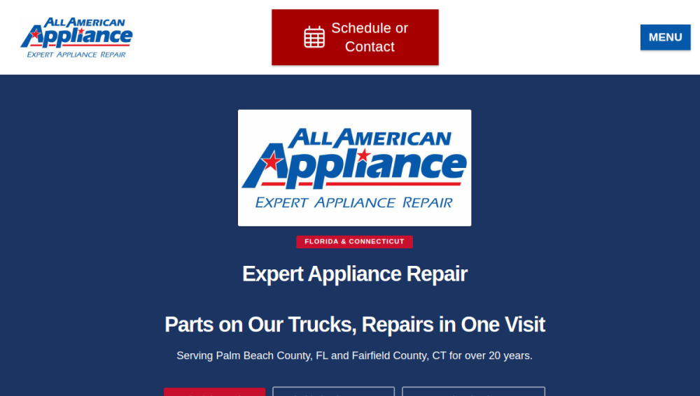 Website screenshot of All American Appliance, Inc