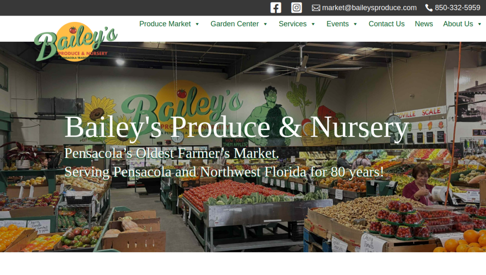 Website screenshot of Bailey's Produce & Nursery