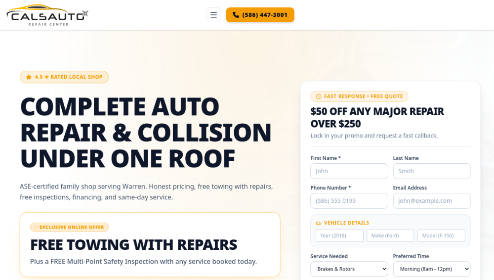 Website screenshot of Cal's Auto Repair Center