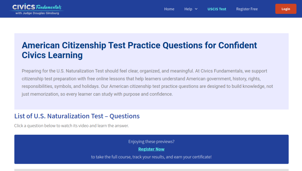Website screenshot of Civics Fundamentals
