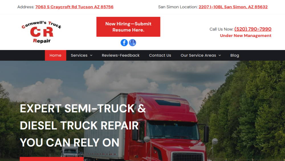 Website screenshot of Cornwell's Truck Repair