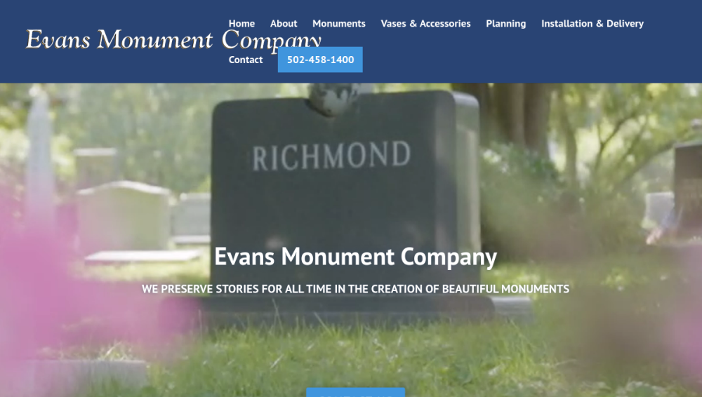 Website screenshot of Evans Monuments & Family Cremation Care