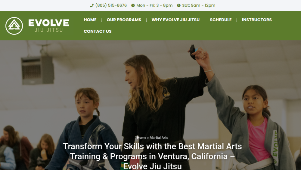 Website screenshot of Evolve Jiu Jitsu Ventura