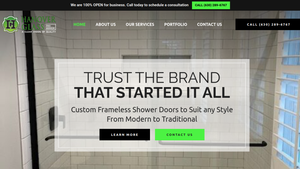 Website screenshot of Hanover Glass & Mirror