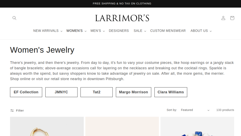 Website screenshot of Larrimor's - Pittsburgh's Men's Clothing and Fashion Store