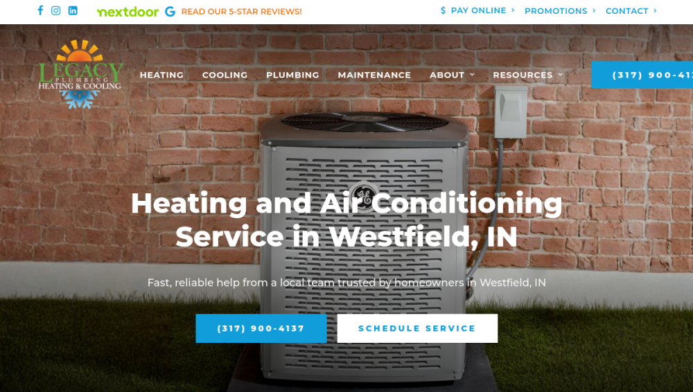 Website screenshot of Legacy Plumbing, Heating and Cooling