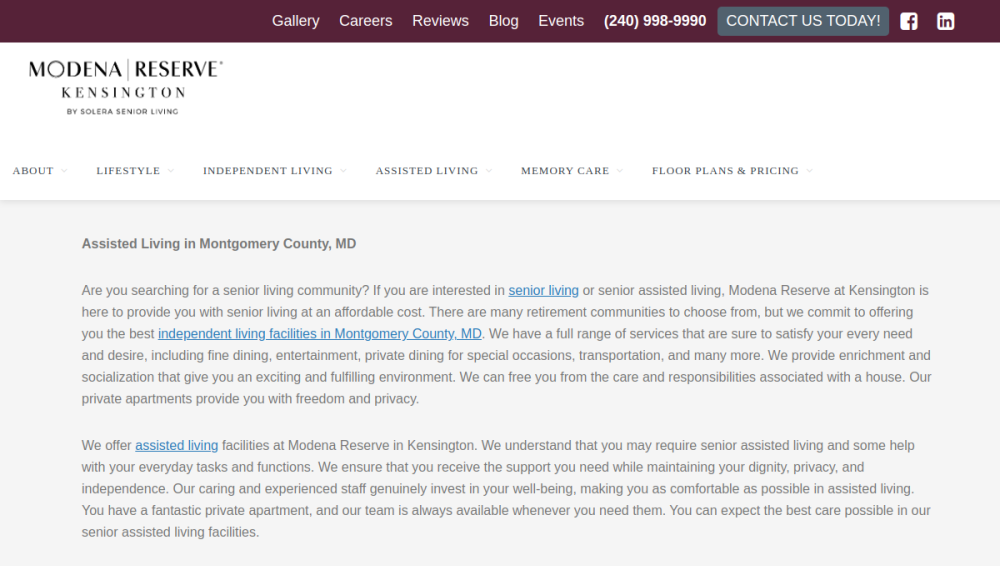 Website screenshot of Modena Reserve at Kensington