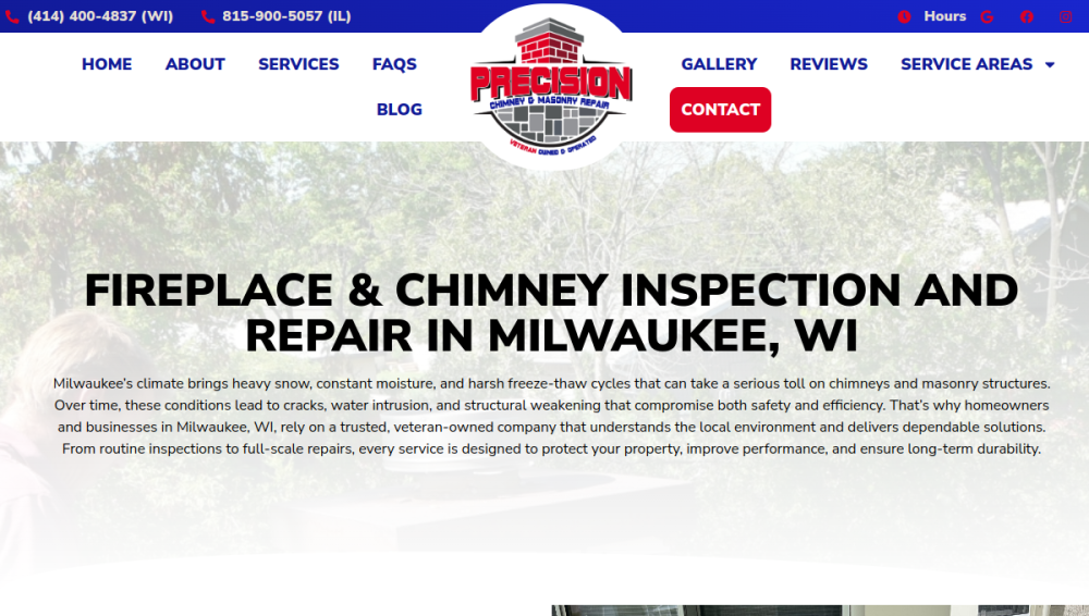 Website screenshot of Precision Chimney & Masonry Repair