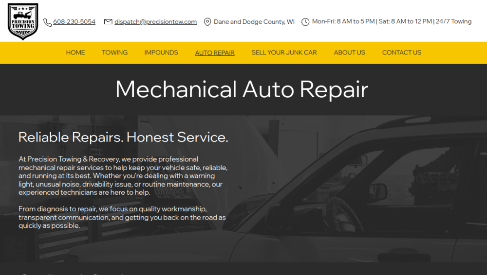 Website screenshot of Precision Towing & Recovery