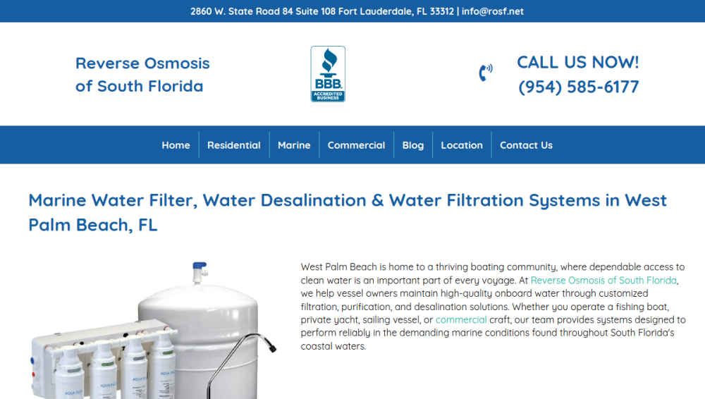 Website screenshot of Reverse Osmosis Watermakers of South Florida         