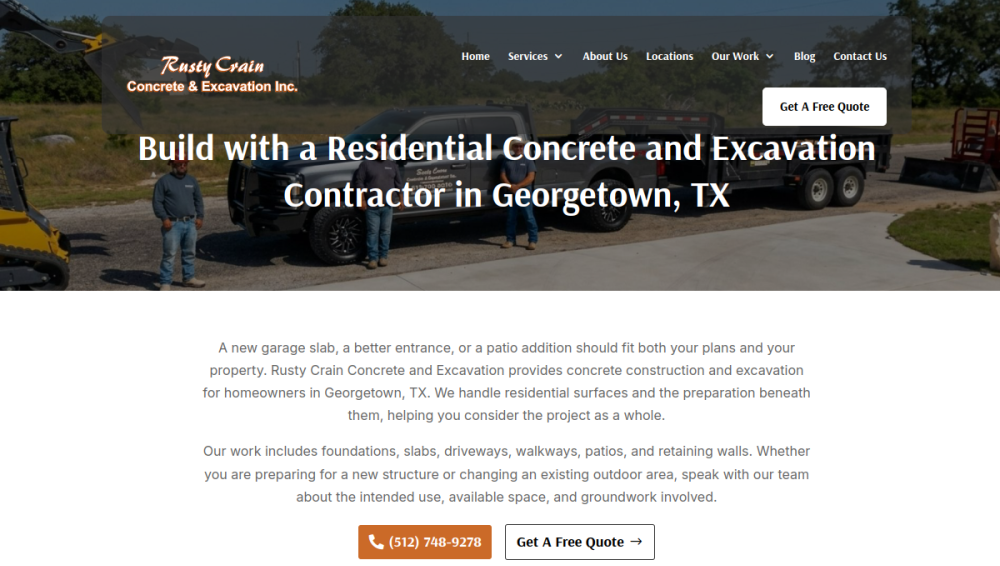 Website screenshot of Rusty Crain Concrete & Excavation