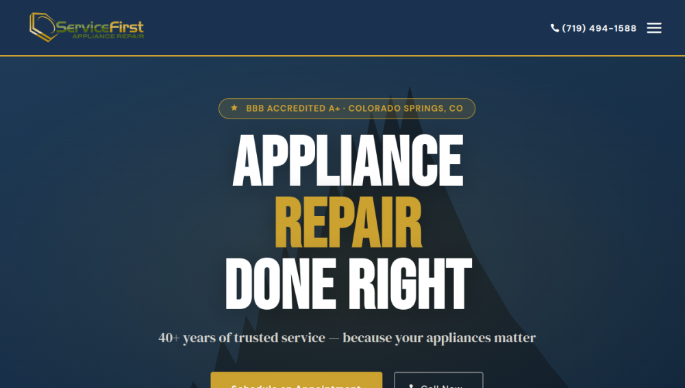 Website screenshot of Service First Appliance Repair