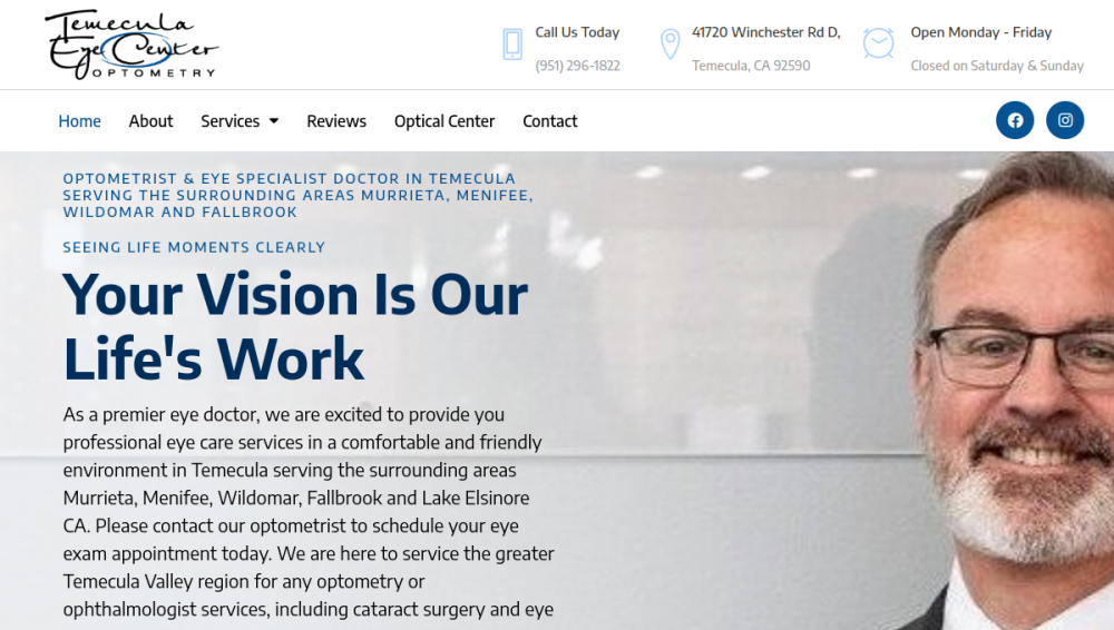 Website screenshot of Temecula Eye Center Optometry