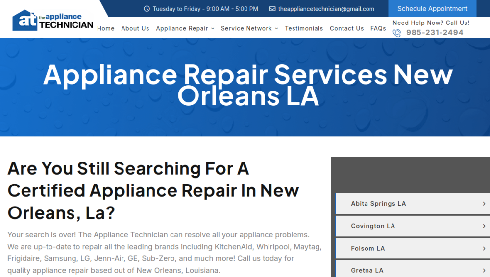 Website screenshot of The Appliance Technician