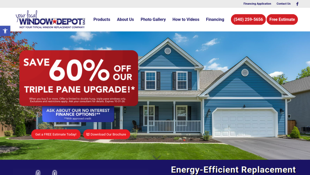 Website screenshot of Window Depot USA of Fredericksburg