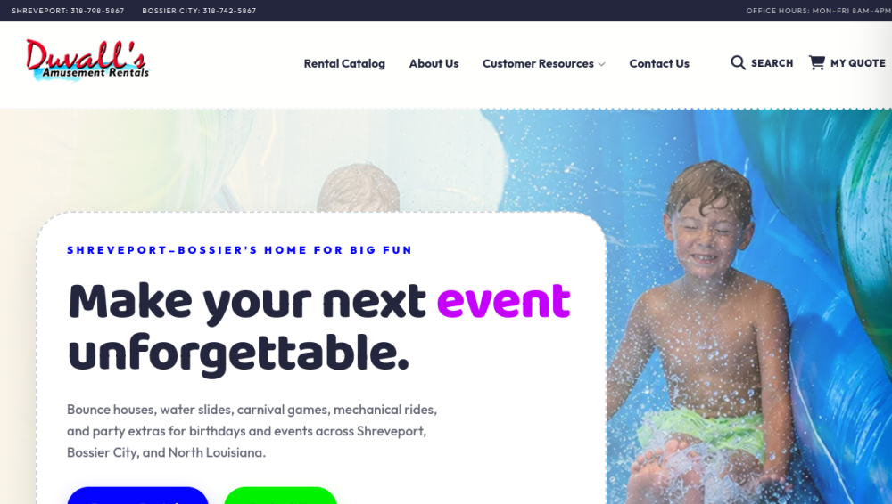 Website screenshot of Entertainment For Events Shreveport Louisiana