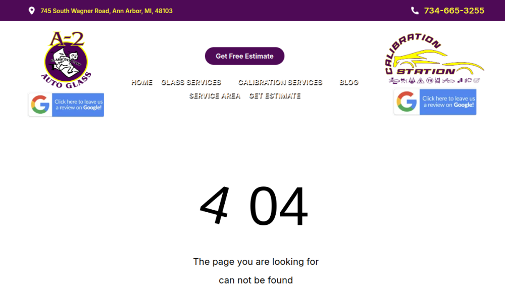 Website screenshot of A2 Auto Glass