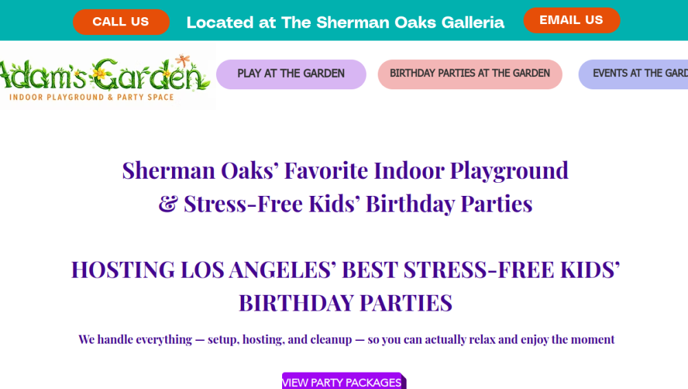 Website screenshot of Adam's Garden Indoor Playground & Party Space