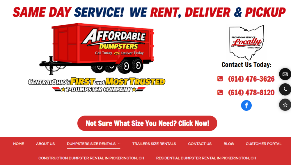 Website screenshot of Affordable Dumpsters