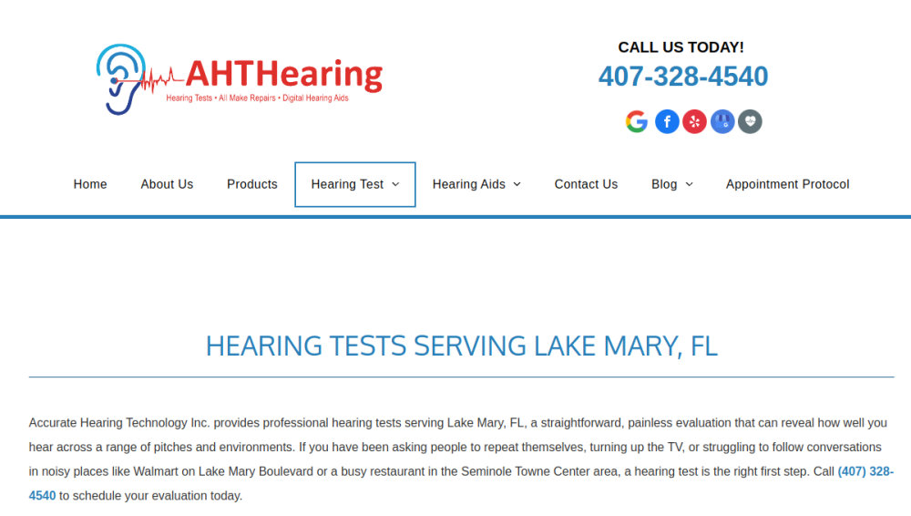 Website screenshot of Accurate Hearing Technology