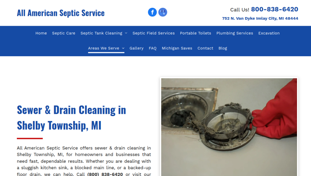 Website screenshot of All American Septic Service