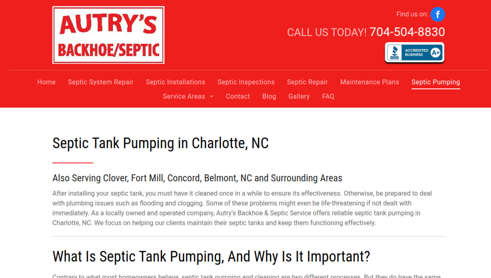 Website screenshot of Autry's Backhoe & Septic Service