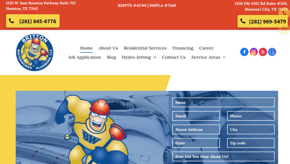 Website screenshot of Britton Waterworks Plumbing LLC