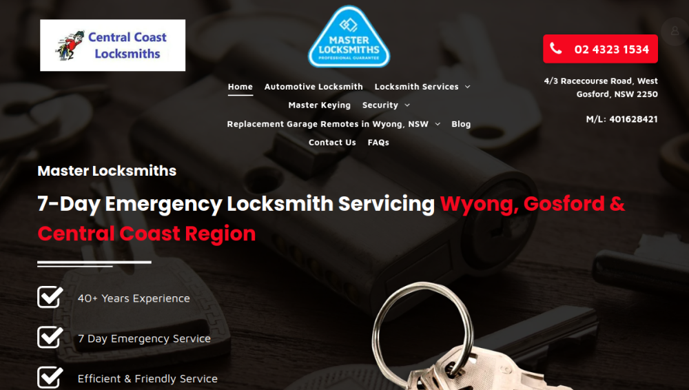 Website screenshot of Central Coast Locksmiths