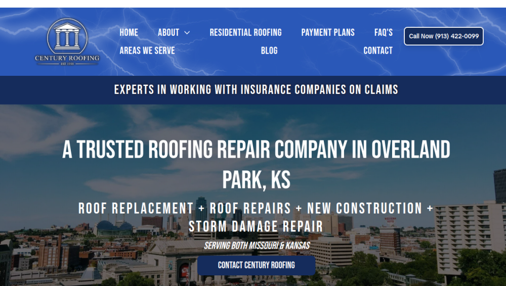 Website screenshot of Century Roofing